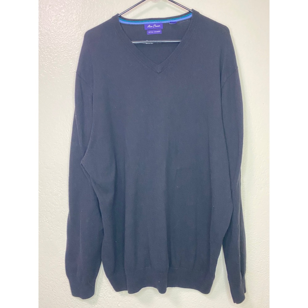 Alan Flusser Mens XXL Black Cotton Cashmere Blend V Neck Pullover Sweater Preppy